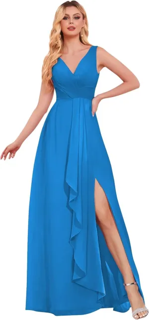 V Neck Long Bridesmaid Dresses for Women A Line Pleated Chiffon Ruffles Formal Evening Dresses with Slit