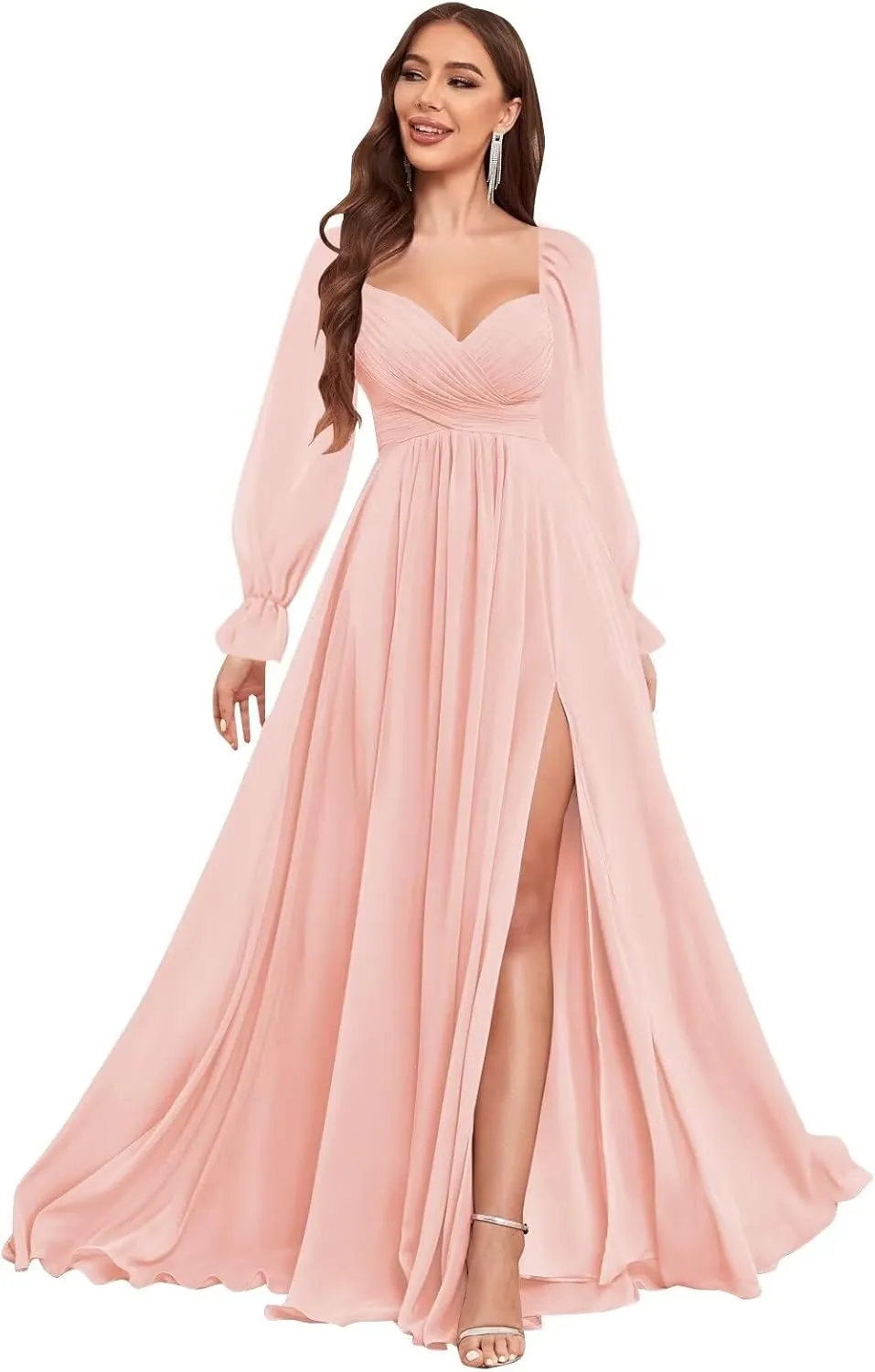 VCCICANY Long Sleeve Bridesmaid Dresses for Women Chiffon Pleated Formal Evening Gowns with Slit