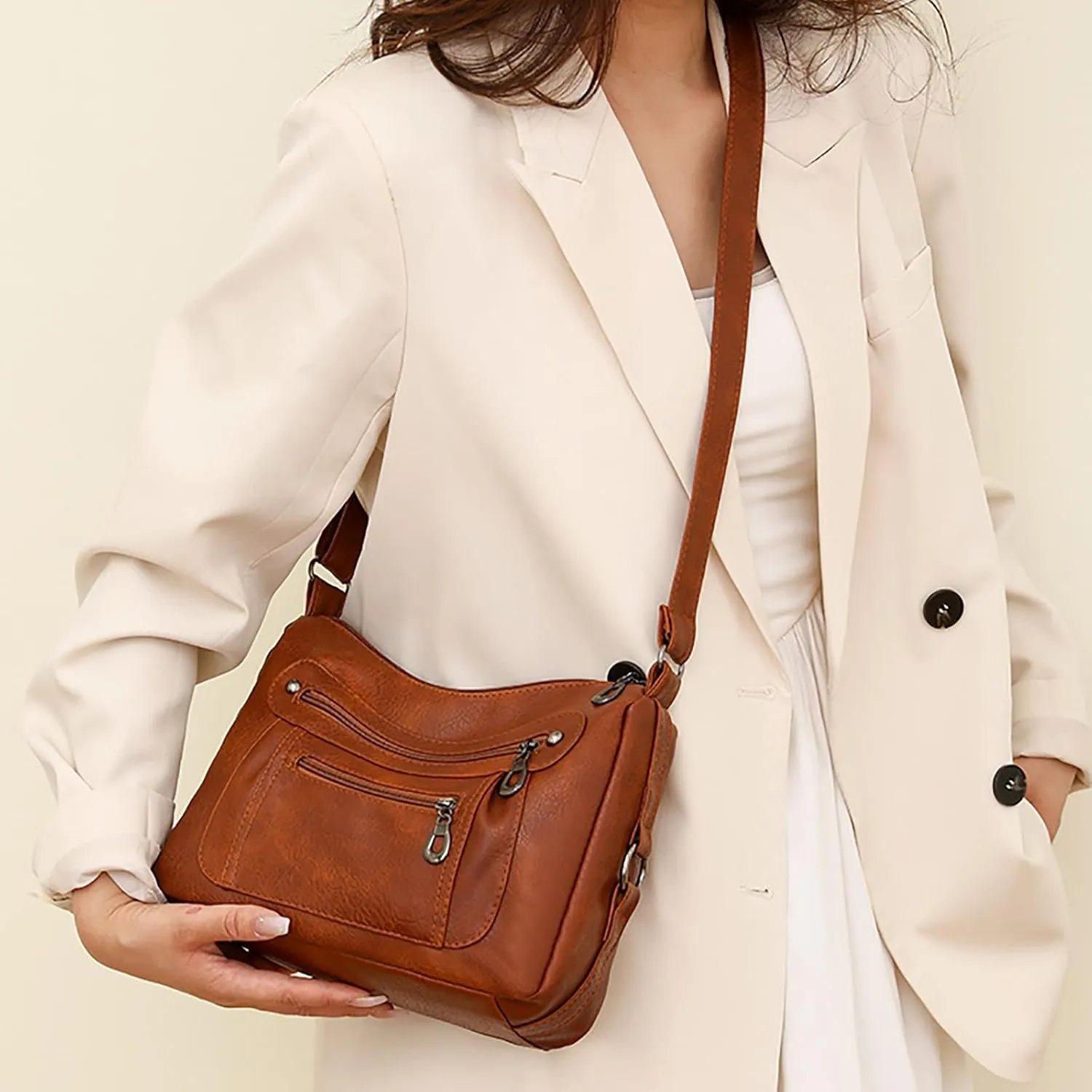 Vintage Classic Soft Leather Stylish Solid Crossbody Bag Trend Versatile Pocket Shoulder Bag Vintage (Brown, One Size)
