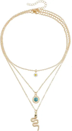 Vintage Layered Gold Snake Necklaces Set for Women Punk Evil Eye Daisy Choker Necklaces Adjustable Serpent Pendant Necklaces Jewelry Accessories