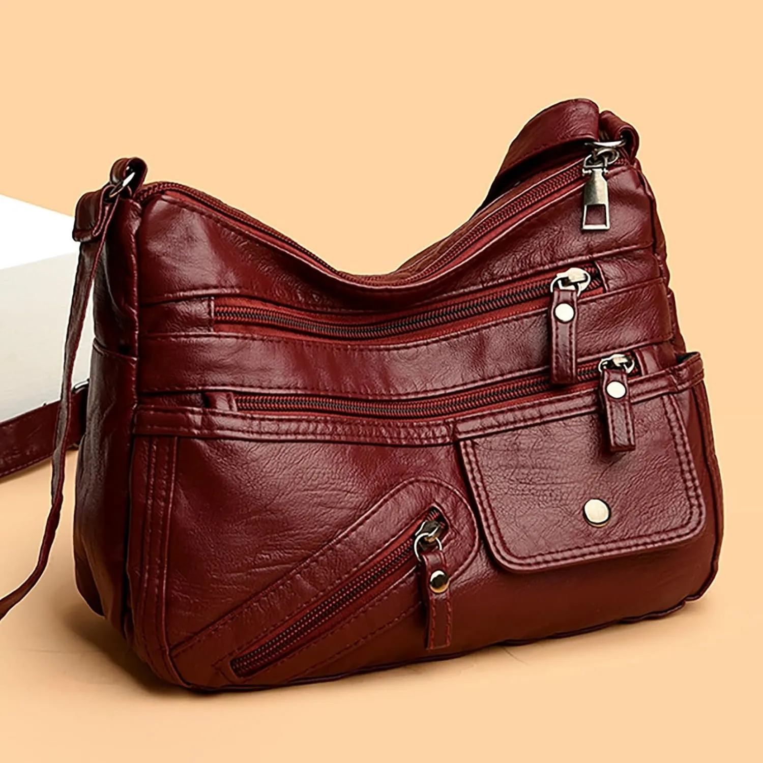 Vintage New Versatile Soft PU Leather Interlayer One Shoulder Crossbody Bag Handbag Casual Computer Bags (Red, One Size)