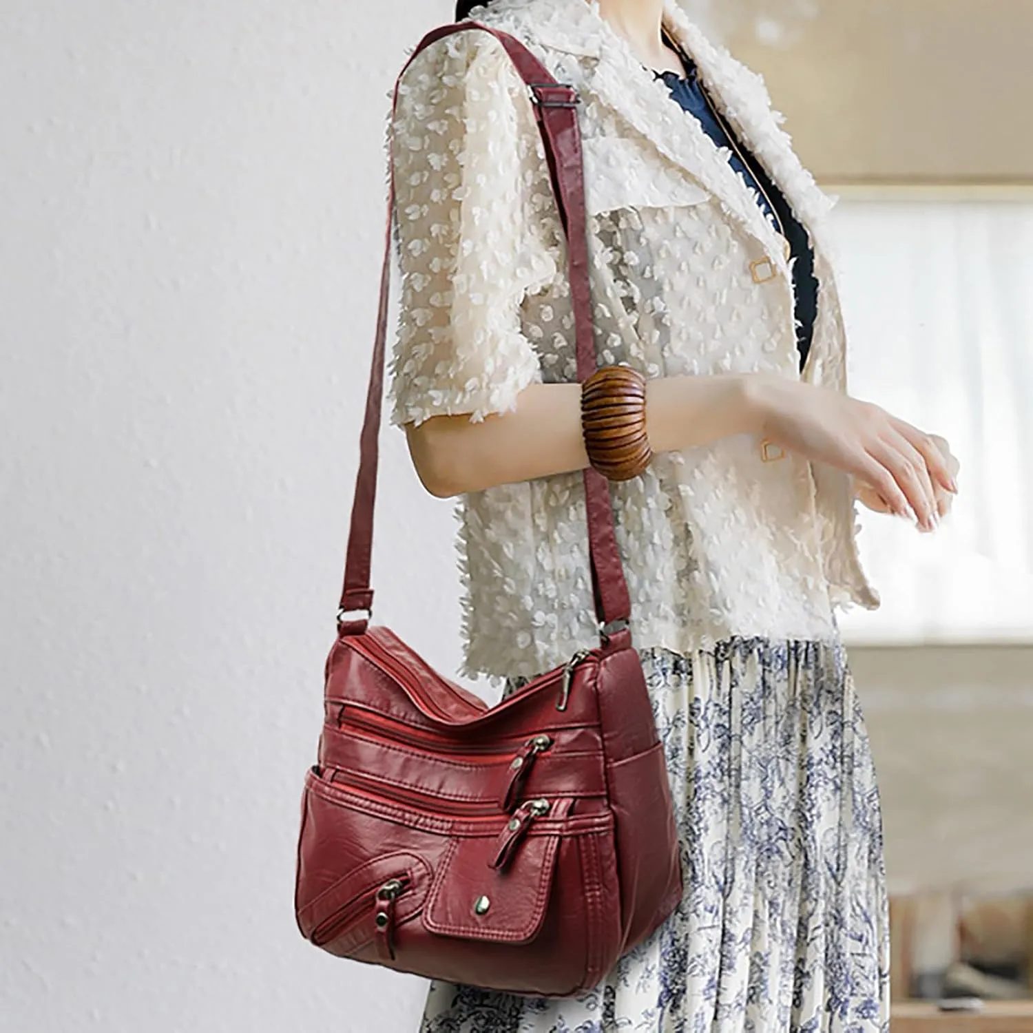 Vintage New Versatile Soft PU Leather Interlayer One Shoulder Crossbody Bag Handbag Casual Computer Bags (Red, One Size)