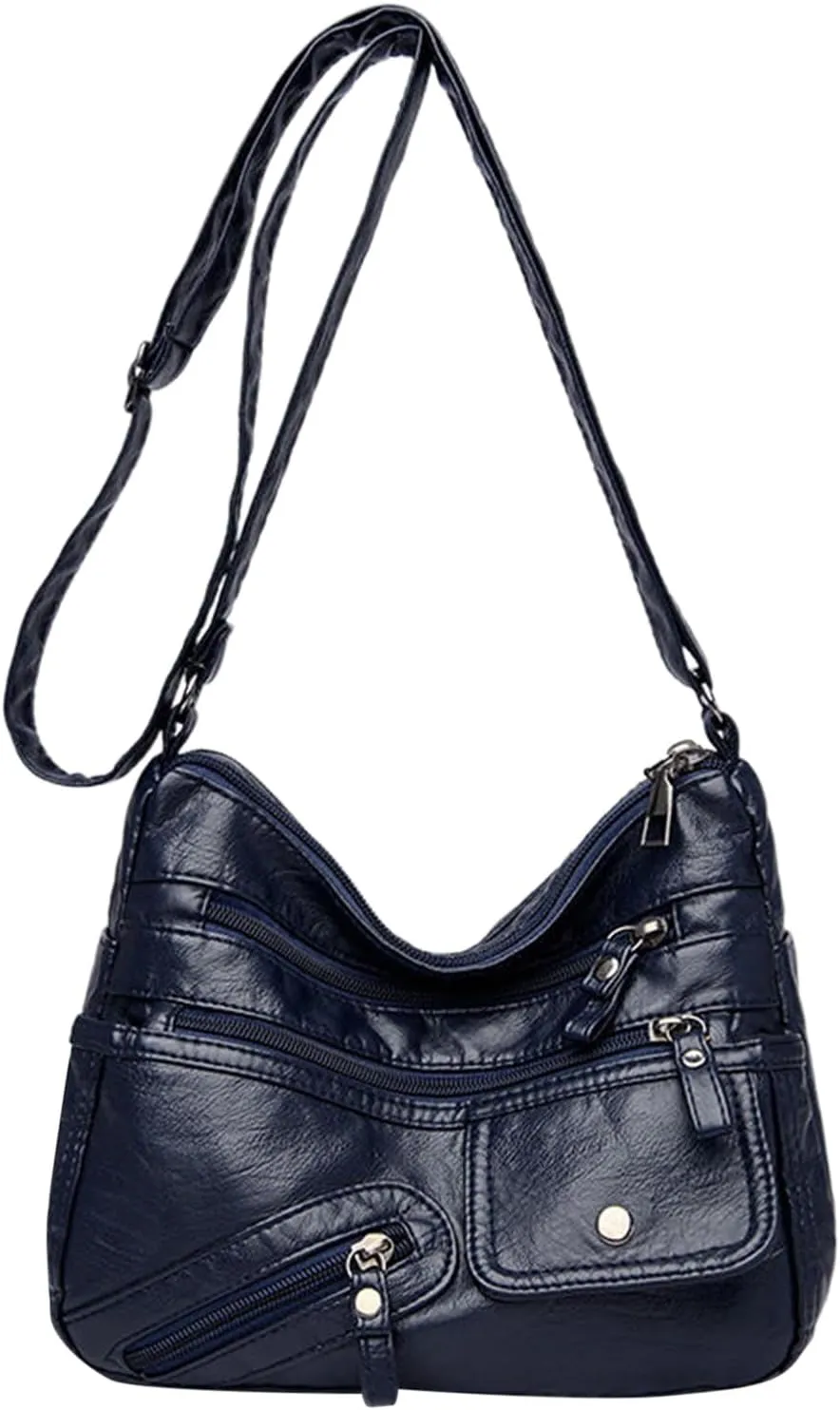 Vintage New Versatile Soft PU Leather Interlayer One Shoulder Crossbody Bag Handbag Casual Computer (Blue, One Size)