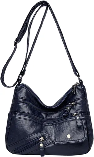Vintage New Versatile Soft PU Leather Interlayer One Shoulder Crossbody Bag Handbag Casual Computer (Blue, One Size)