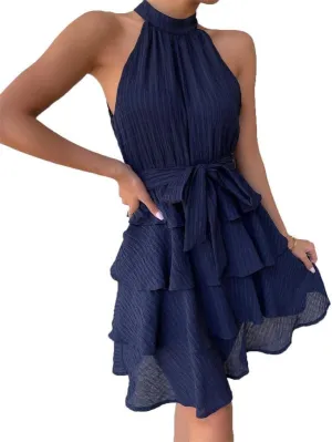 VIVICOLOR Women Summer Halter Neck Ruffle Layered Mini Dress Sleeveless High Neck A Line Swing Short Dresses with Belt, Large