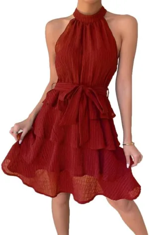 VIVICOLOR Women Summer Halter Neck Ruffle Layered Mini Dress Sleeveless High Neck A Line Swing Short Dresses with Belt, Large