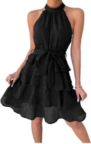VIVICOLOR Women Summer High Neck A Line Swing Short Dresses with Belt Halter Neck Ruffle Layered Mini Dress Sleeveless, X-Large