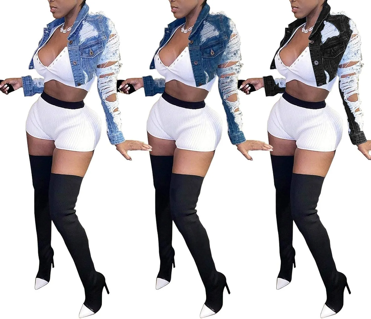 Voghtic Women Sexy Ripped Denim Jackets Lapel Button Down Short Crop Top Jeans Coat
