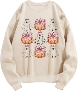 WDIRARA Women's Graphic Print Cute Long Sleeve Cute Sweatshirts Crew Neck Halloween Pullovers