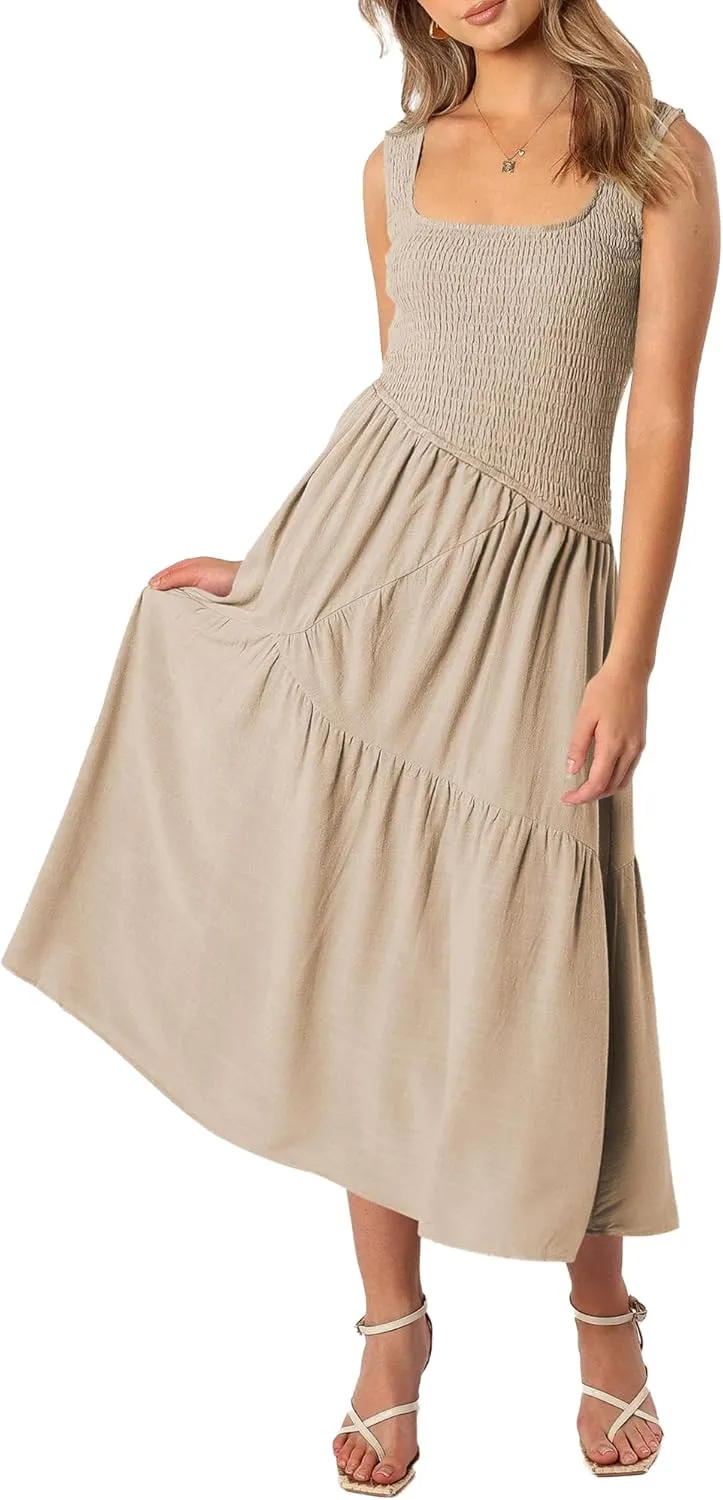 Wedding Guest Dress Maxi: Womens Square Neck Strap Spaghetti - Casual Summer Beach Long Sundress SE2466