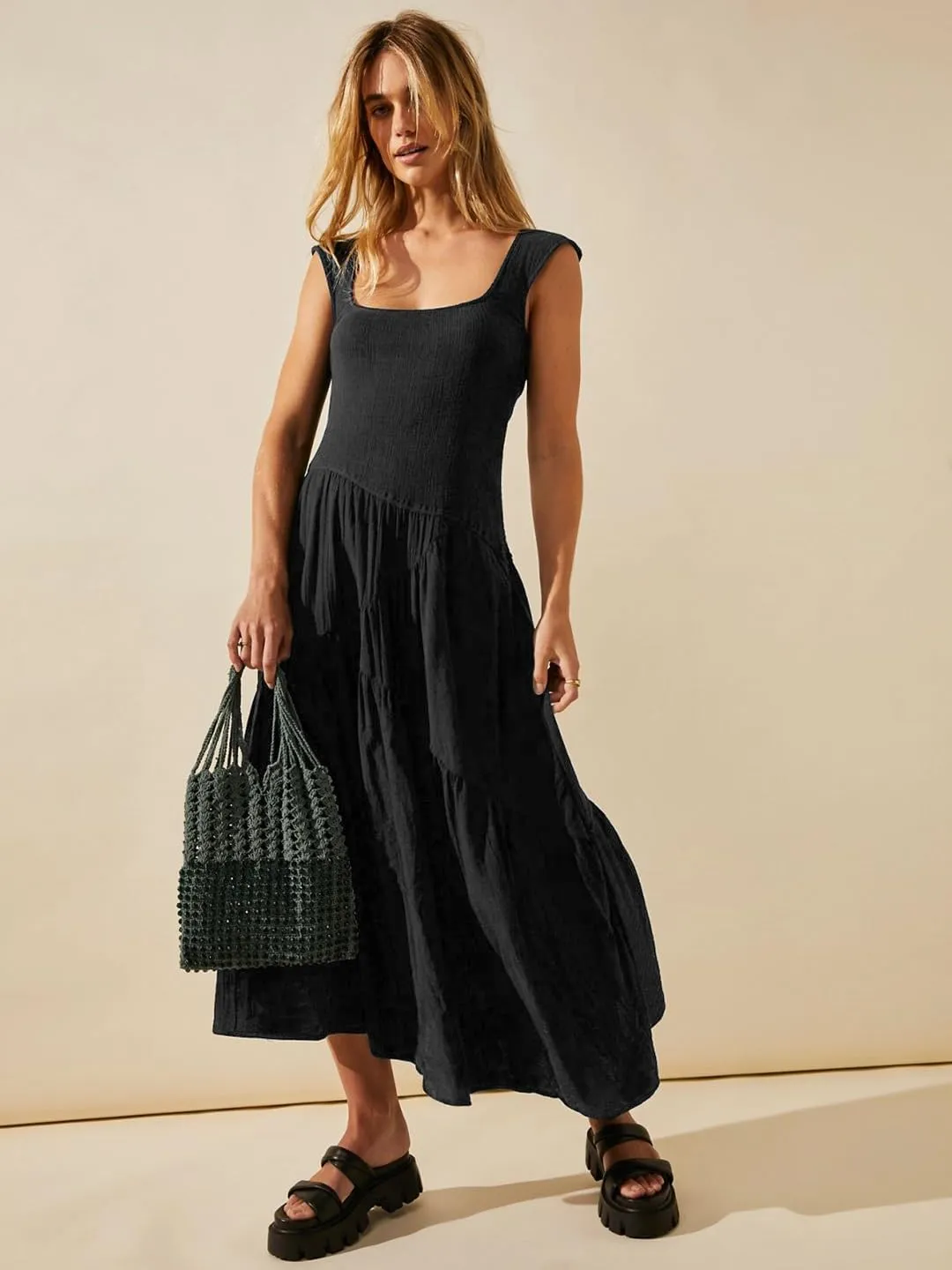 Wedding Guest Dress Maxi: Womens Square Neck Strap Spaghetti - Casual Summer Beach Long Sundress SE2466