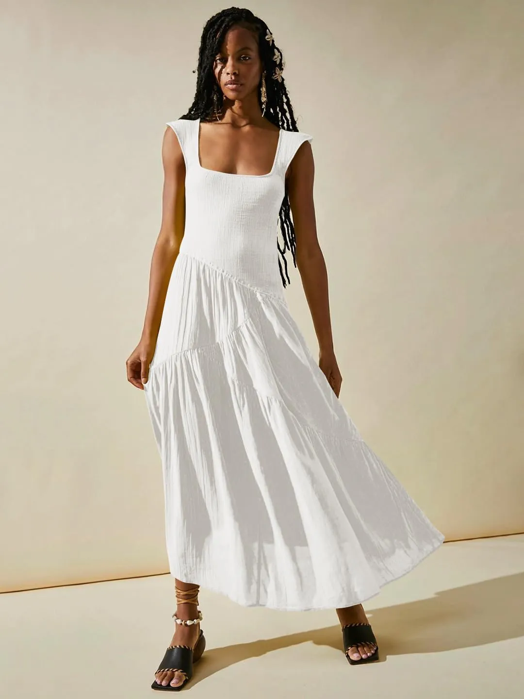 Wedding Guest Dress Maxi: Womens Square Neck Strap Spaghetti - Casual Summer Beach Long Sundress SE2466
