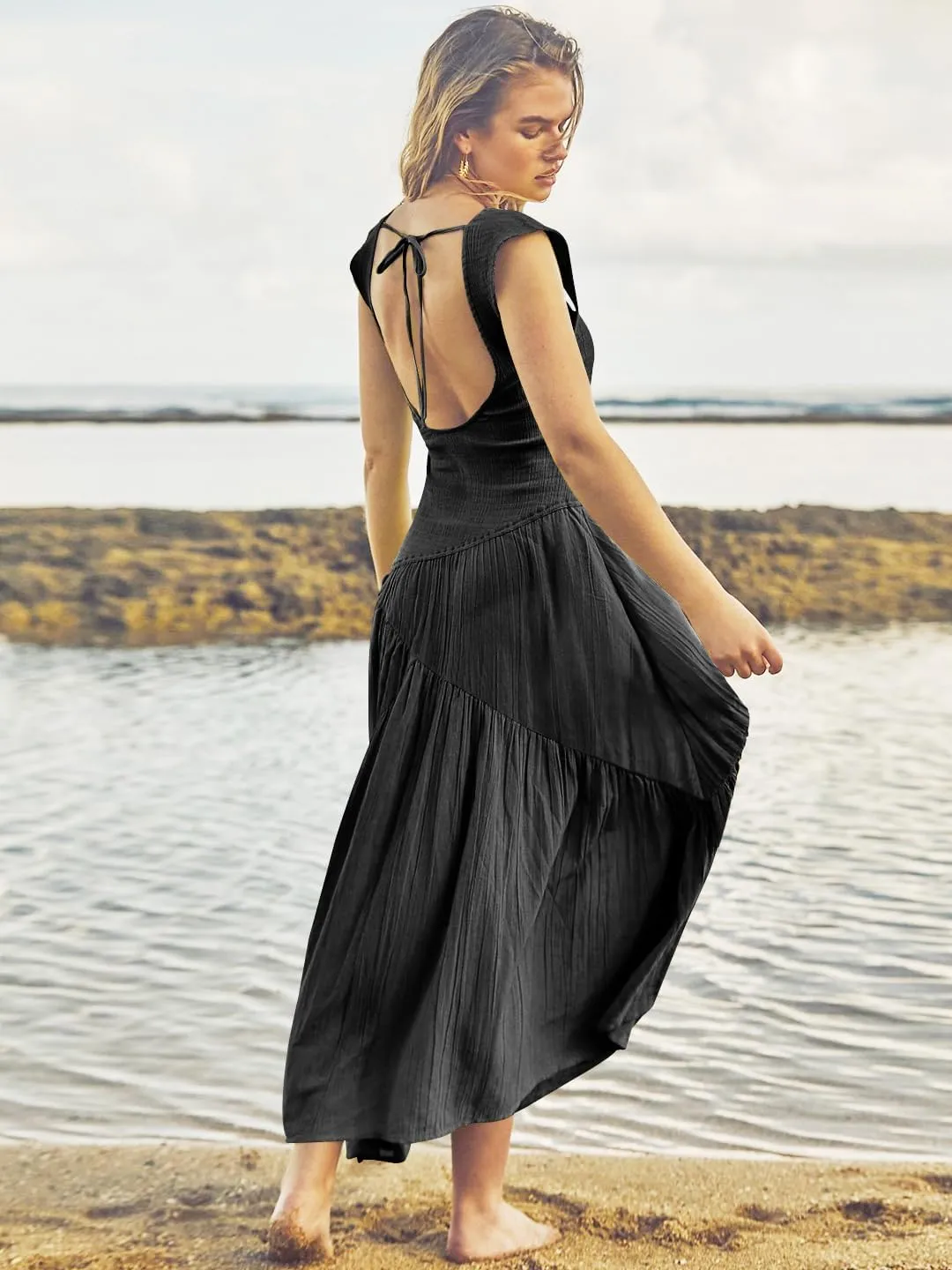Wedding Guest Dress Maxi: Womens Square Neck Strap Spaghetti - Casual Summer Beach Long Sundress SE2466