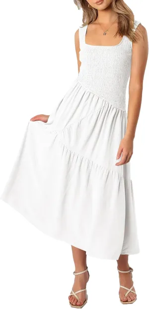 Wedding Guest Dress Maxi: Womens Square Neck Strap Spaghetti - Casual Summer Beach Long Sundress SE2466