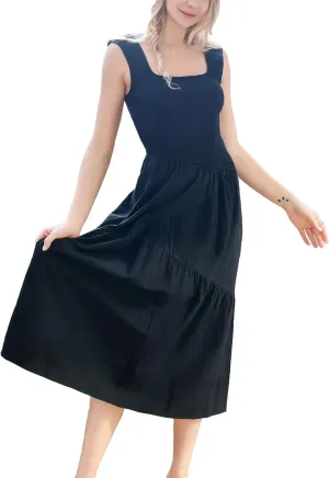 Wedding Guest Dress Maxi: Womens Square Neck Strap Spaghetti - Casual Summer Beach Long Sundress SE2466
