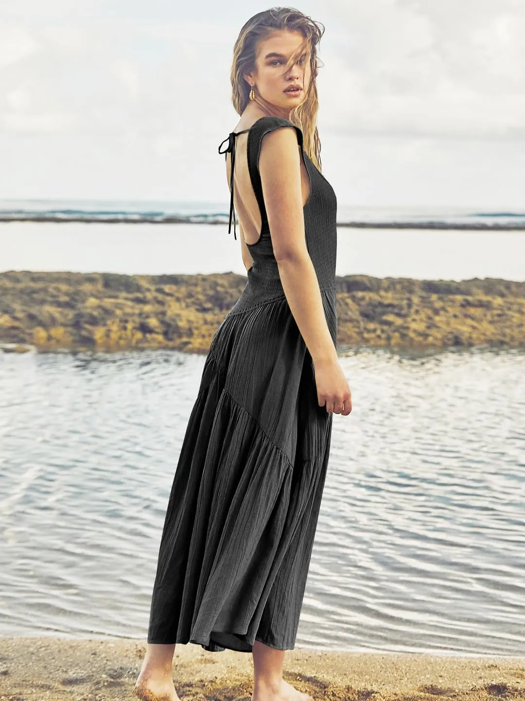 Wedding Guest Dress Maxi: Womens Square Neck Strap Spaghetti - Casual Summer Beach Long Sundress SE2466