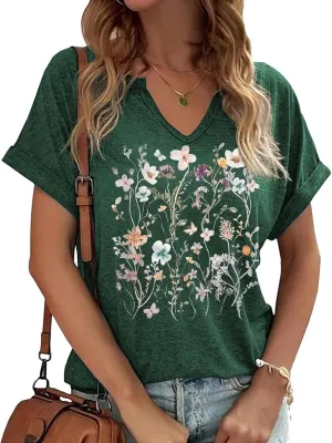 Weiyuqi Womens Vintage Flowers V Neck Shirt Boho Floral Wildflower Graphic Tee Casual Cottagecore Loose Botanical T Shirt Top