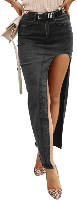 Wenrine Women's Sexy High Waist Denim Skirt Split Zip Up Jean Skirt Casual Maxi Skirt with Pockets