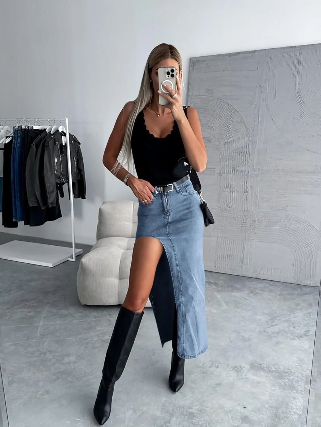 Wenrine Women's Sexy High Waist Denim Skirt Split Zip Up Jean Skirt Casual Maxi Skirt with Pockets