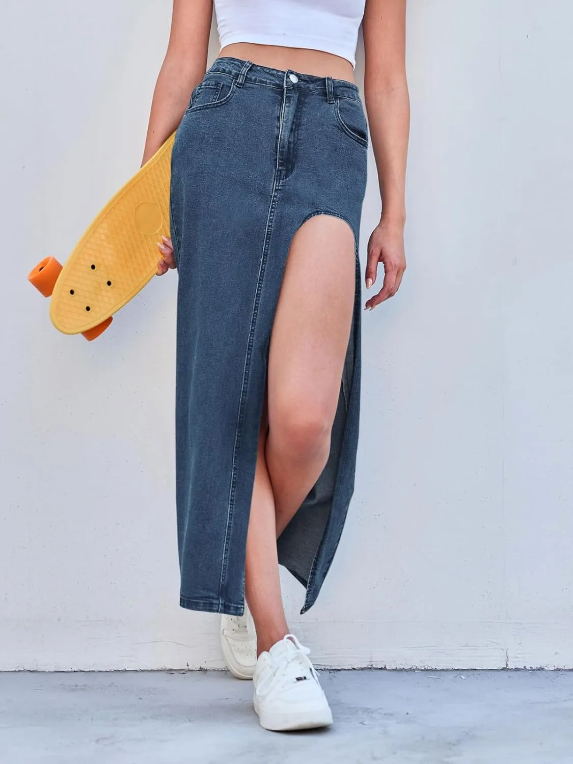 Wenrine Women's Sexy High Waist Denim Skirt Split Zip Up Jean Skirt Casual Maxi Skirt with Pockets