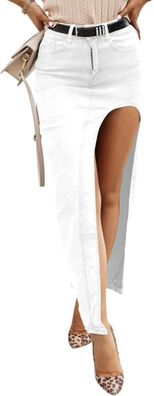 Wenrine Women's Sexy High Waist Denim Skirt Split Zip Up Jean Skirt Casual Maxi Skirt with Pockets