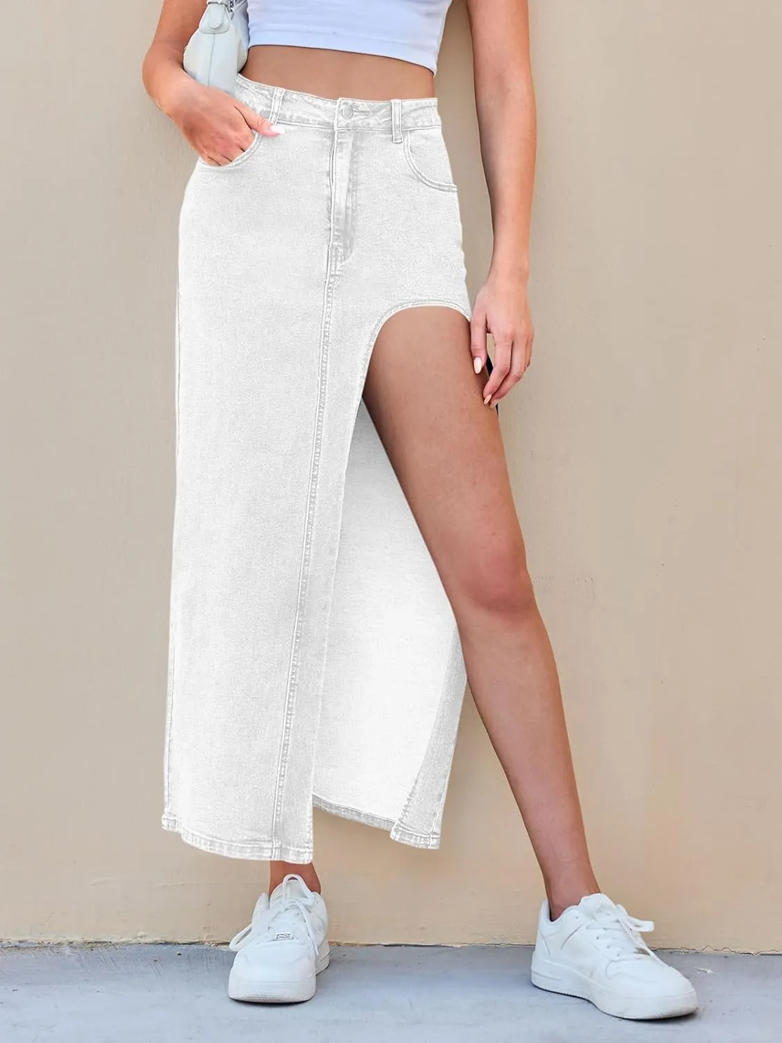 Wenrine Women's Sexy High Waist Denim Skirt Split Zip Up Jean Skirt Casual Maxi Skirt with Pockets