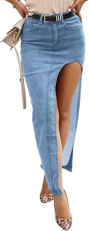 Wenrine Women's Sexy High Waist Denim Skirt Split Zip Up Jean Skirt Casual Maxi Skirt with Pockets