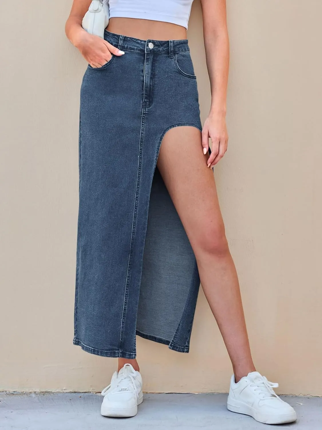 Wenrine Women's Sexy High Waist Denim Skirt Split Zip Up Jean Skirt Casual Maxi Skirt with Pockets