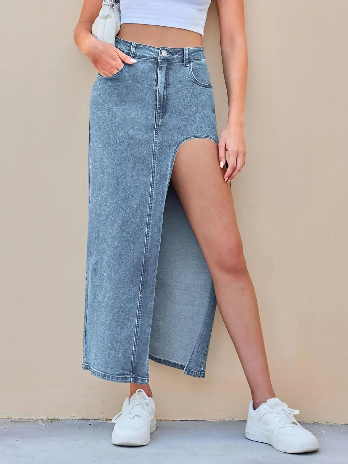 Wenrine Women's Sexy High Waist Denim Skirt Split Zip Up Jean Skirt Casual Maxi Skirt with Pockets