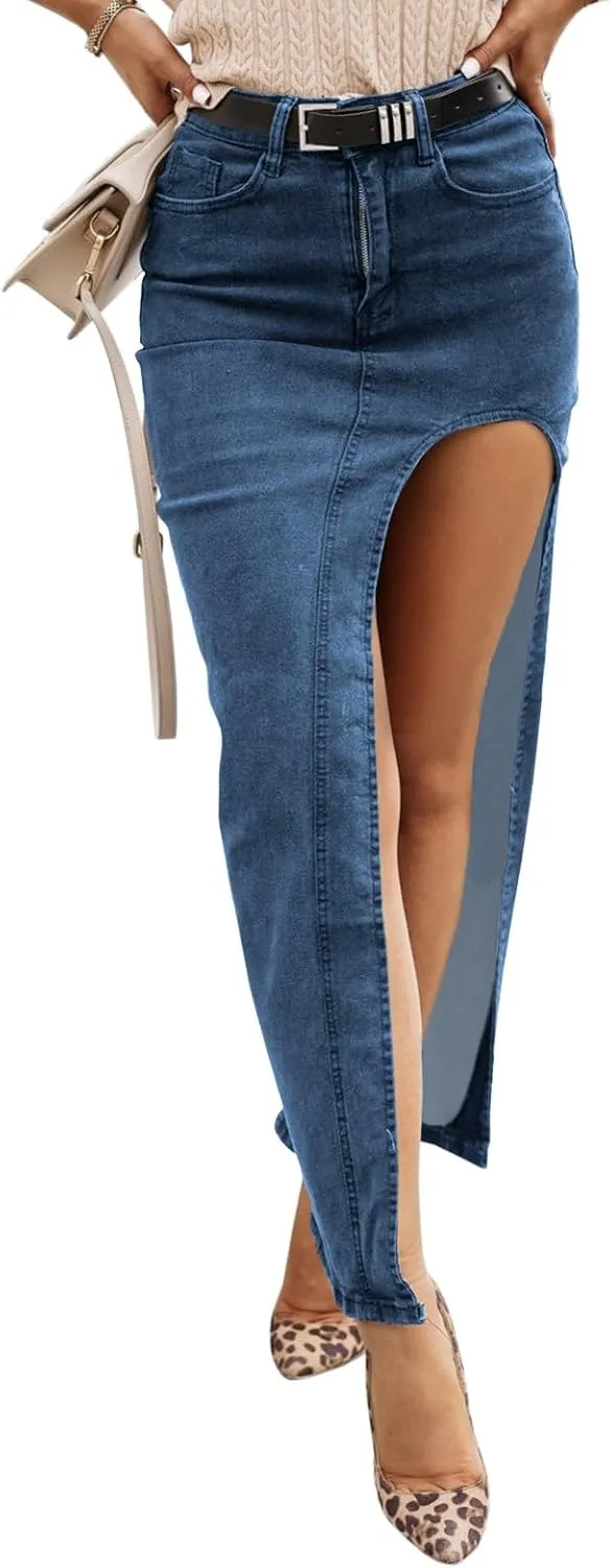 Wenrine Women's Sexy High Waist Denim Skirt Split Zip Up Jean Skirt Casual Maxi Skirt with Pockets