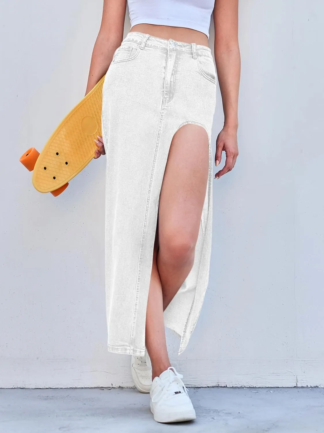 Wenrine Women's Sexy High Waist Denim Skirt Split Zip Up Jean Skirt Casual Maxi Skirt with Pockets