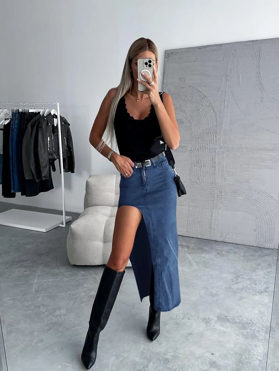 Wenrine Women's Sexy High Waist Denim Skirt Split Zip Up Jean Skirt Casual Maxi Skirt with Pockets