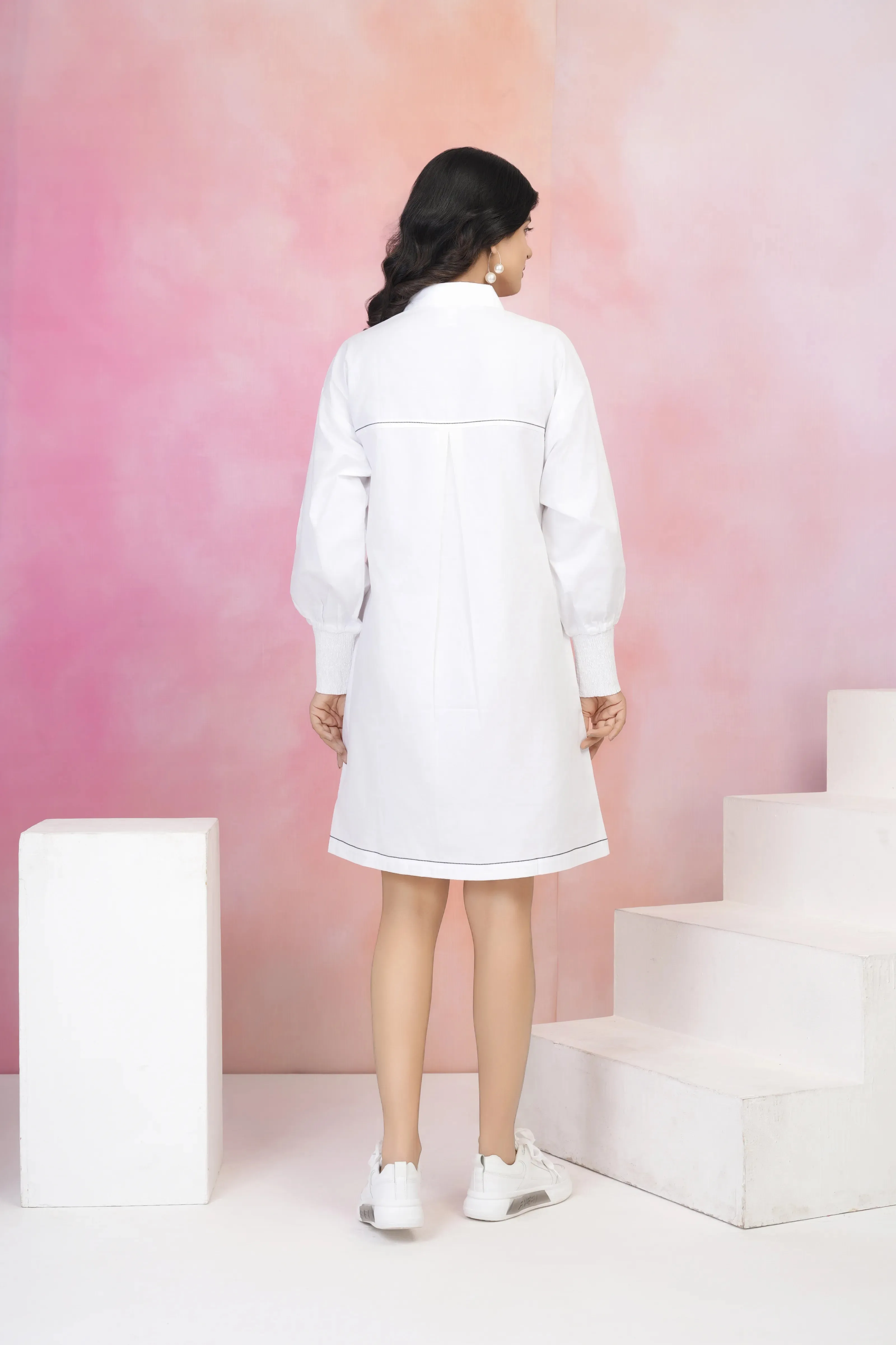 White Smock Cuff Detail Button-Front Cotton Poplin Dress