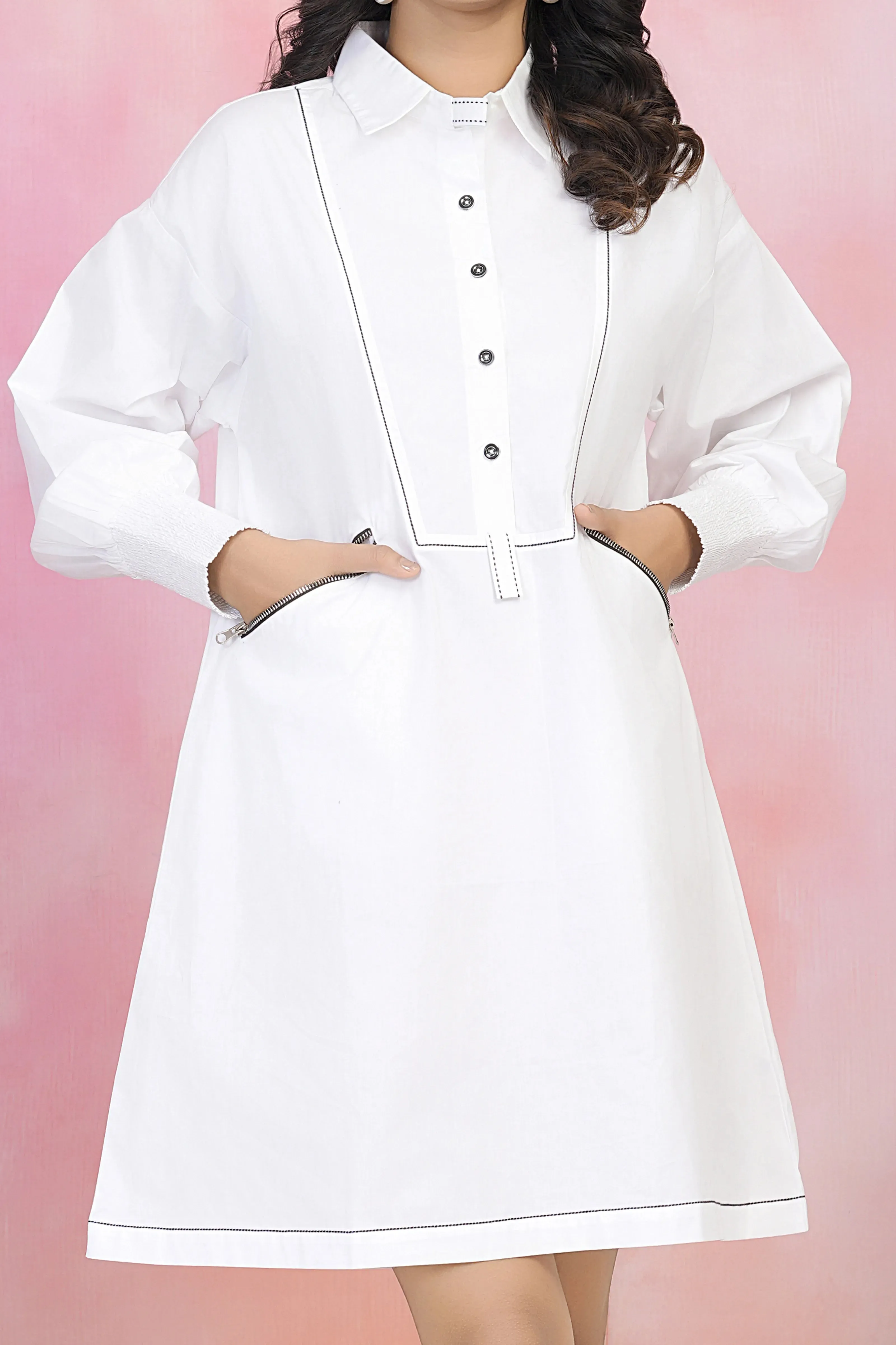 White Smock Cuff Detail Button-Front Cotton Poplin Dress