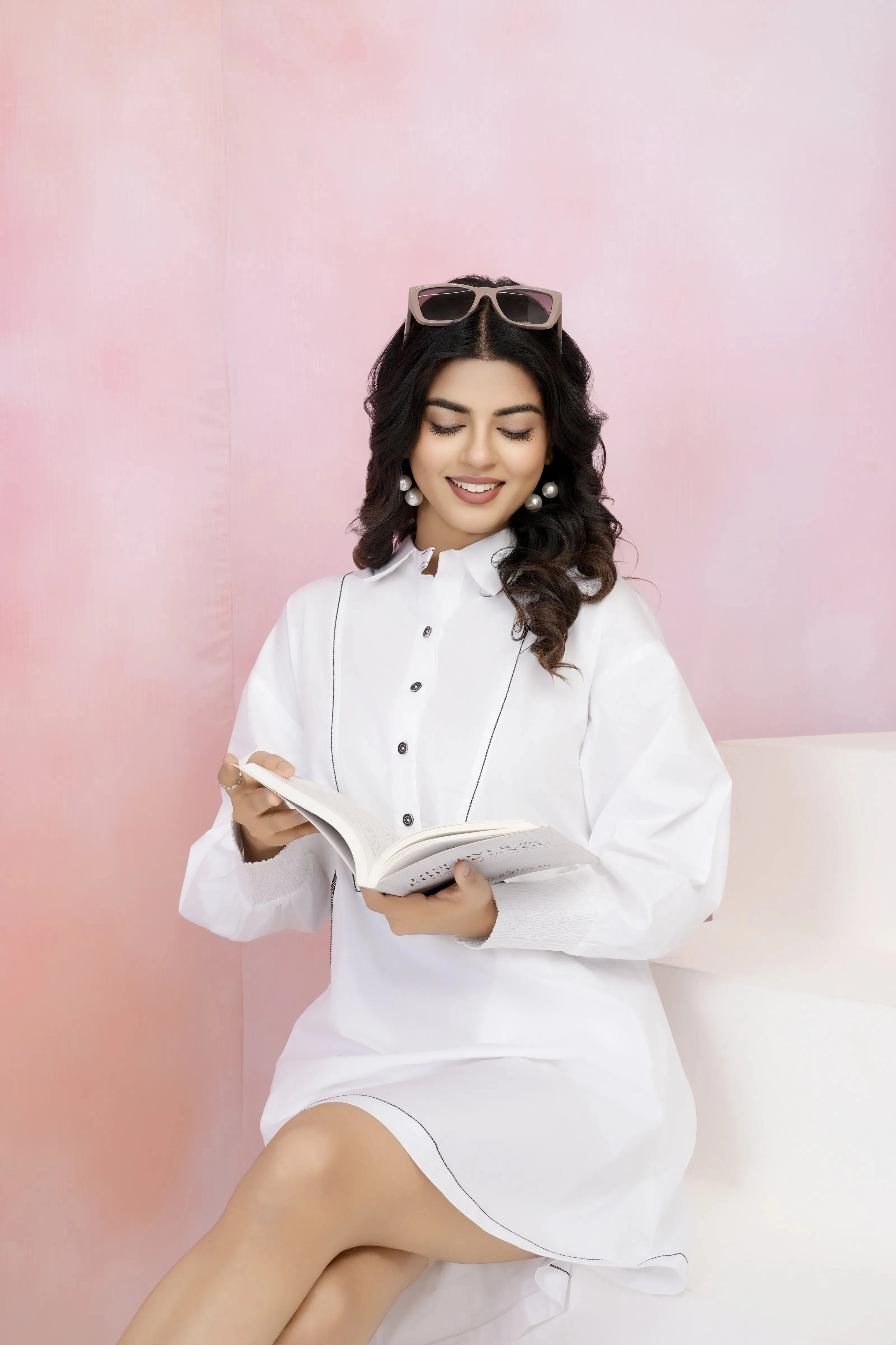 White Smock Cuff Detail Button-Front Cotton Poplin Dress