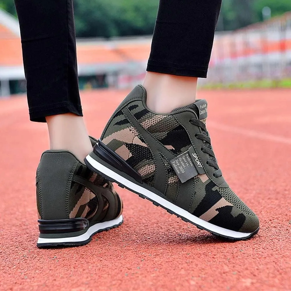 WILTENA Womens Mesh Breathable Camouflage Sneakers Ladys Invisible High-Heeled Wedge Platform Shoes