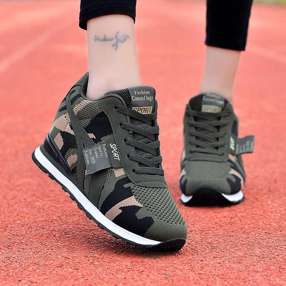 WILTENA Womens Mesh Breathable Camouflage Sneakers Ladys Invisible High-Heeled Wedge Platform Shoes