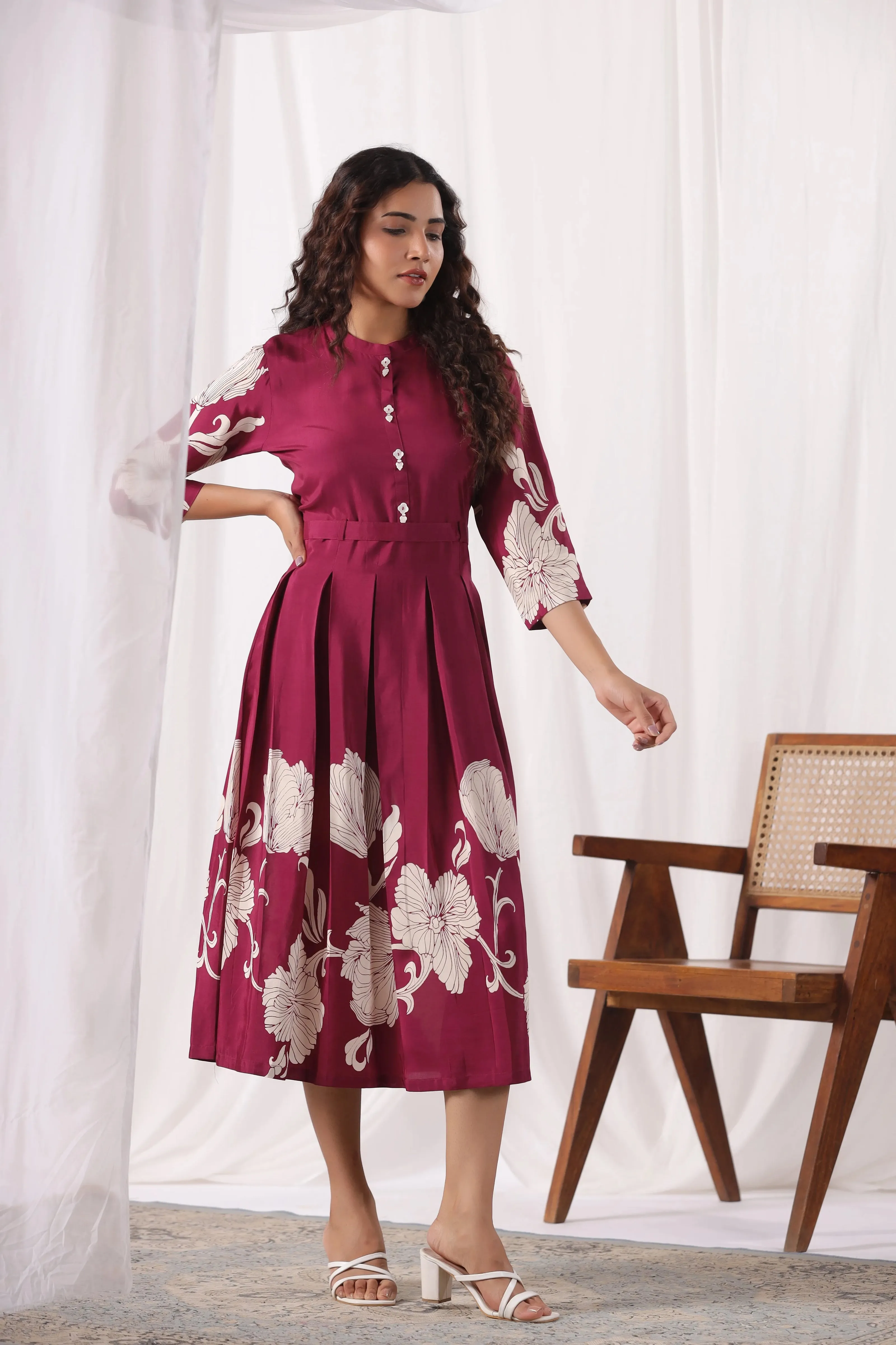 Wine Russian Silk Floral Printed Midi  Dress