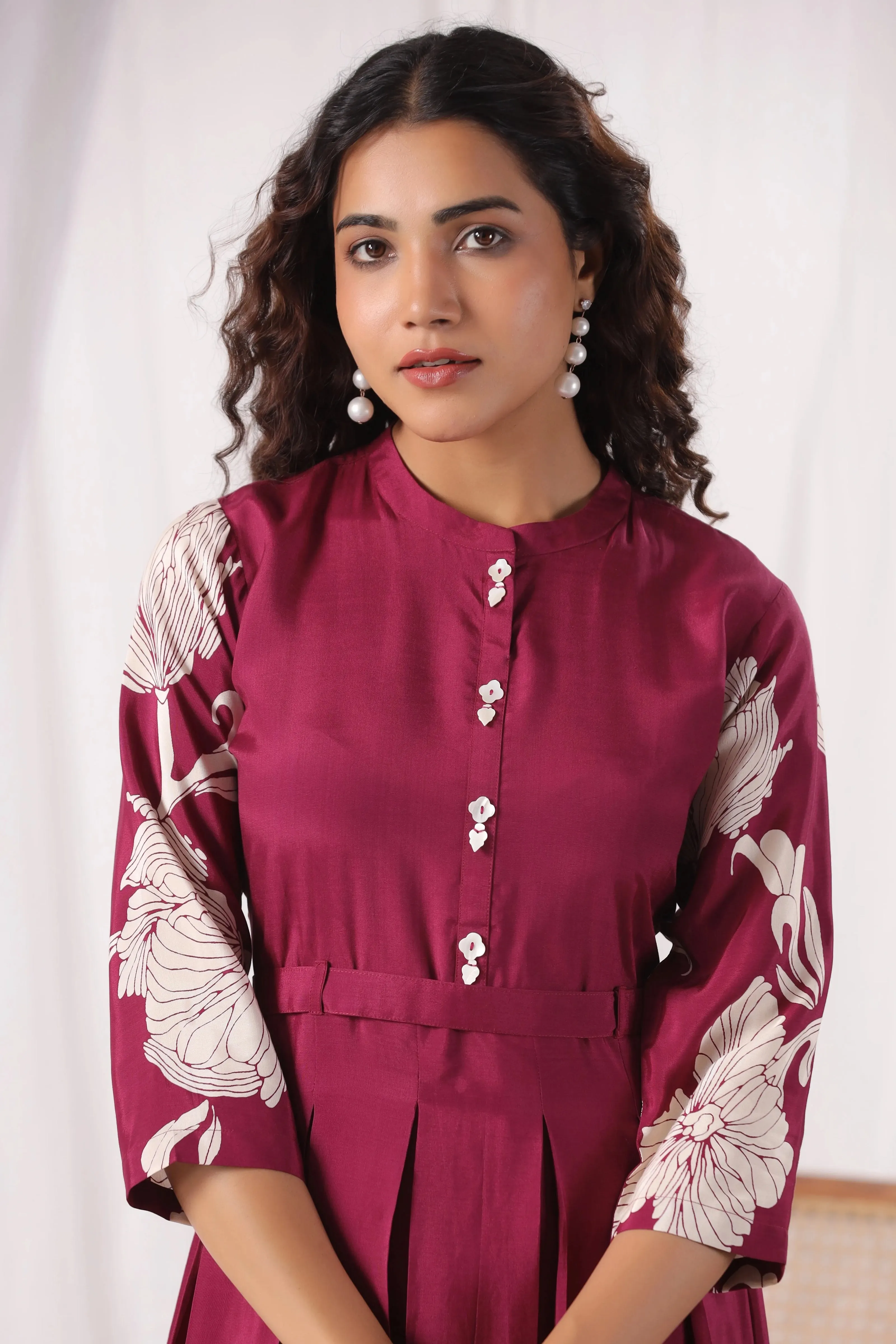Wine Russian Silk Floral Printed Midi  Dress