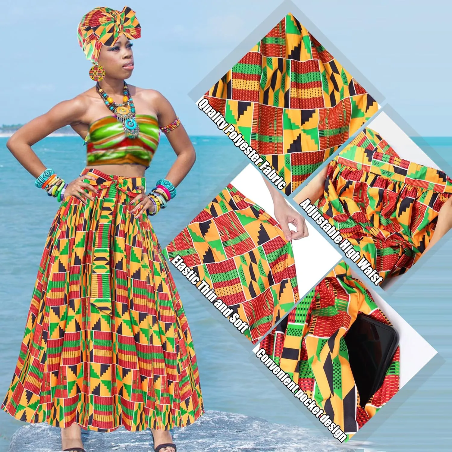 Women African Printed Maxi Dress Set Casual Stretch Head Wrap Scarf Drop Dangle Earrings