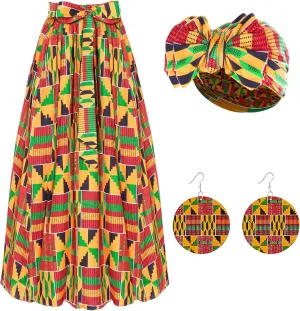 Women African Printed Maxi Dress Set Casual Stretch Head Wrap Scarf Drop Dangle Earrings