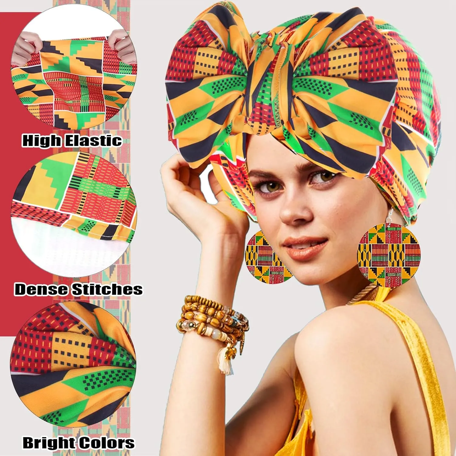 Women African Printed Maxi Dress Set Casual Stretch Head Wrap Scarf Drop Dangle Earrings
