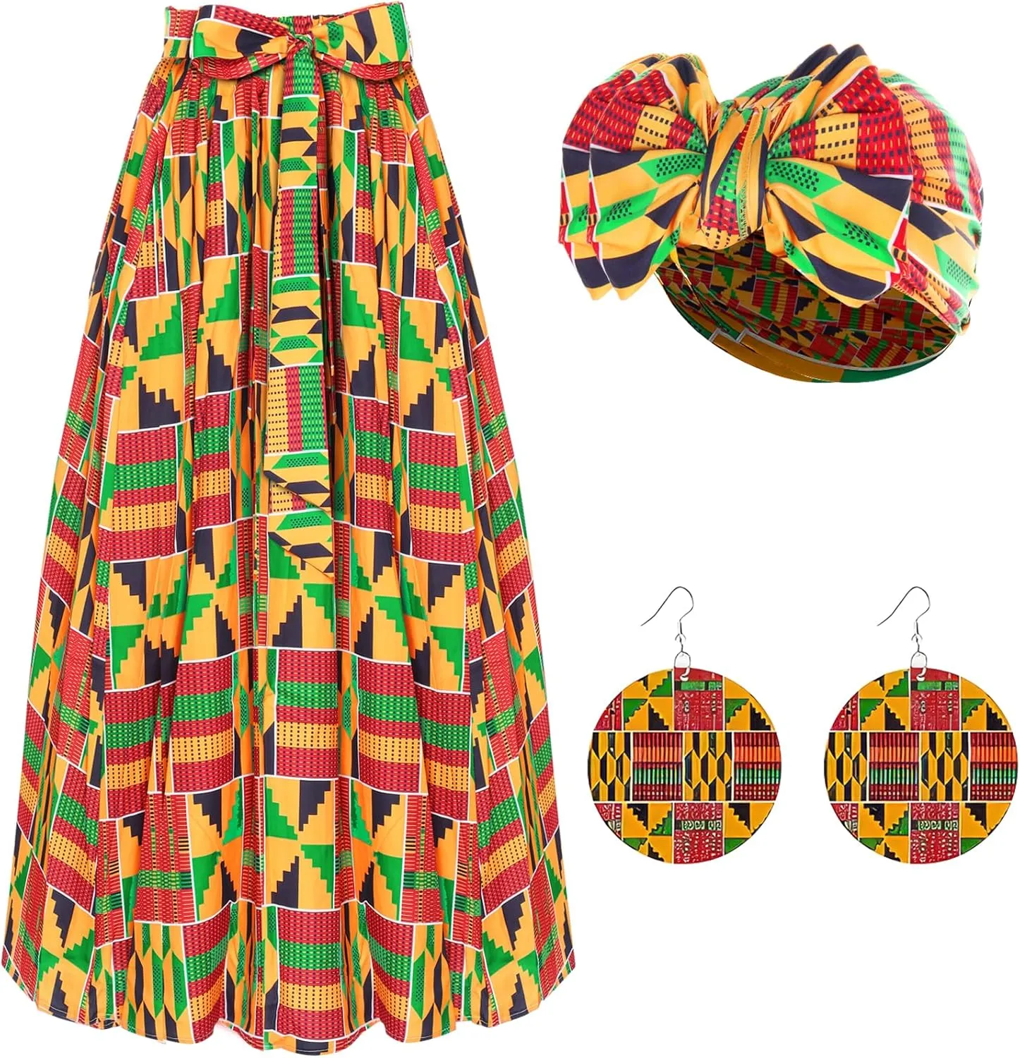 Women African Printed Maxi Dress Set Casual Stretch Head Wrap Scarf Drop Dangle Earrings