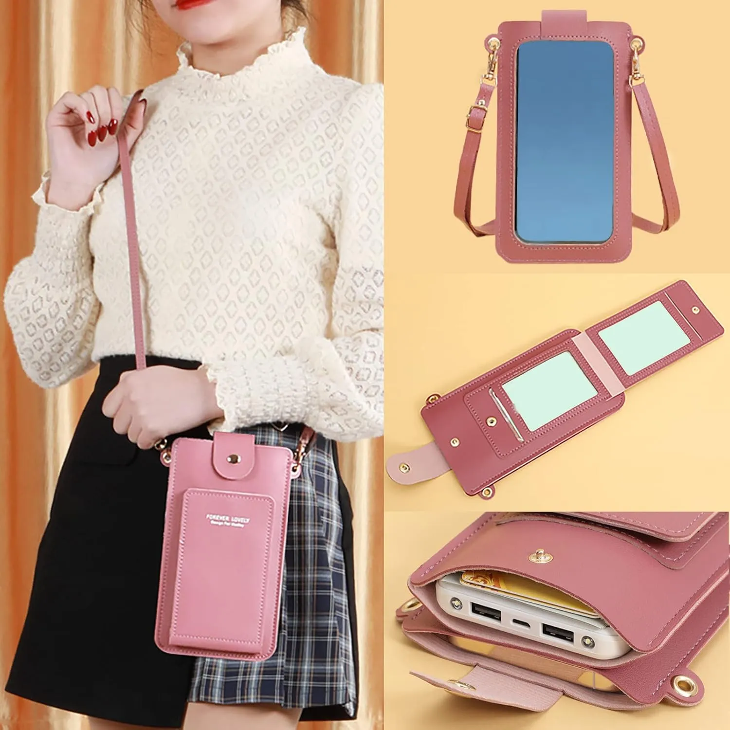 Women Artificial Leather Solid Color Hasp Transparent Operation Ccreen Phone Bag Shoulder Bag (Black, One Size)