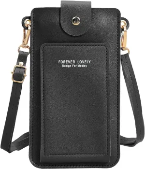 Women Artificial Leather Solid Color Hasp Transparent Operation Ccreen Phone Bag Shoulder Bag (Black, One Size)