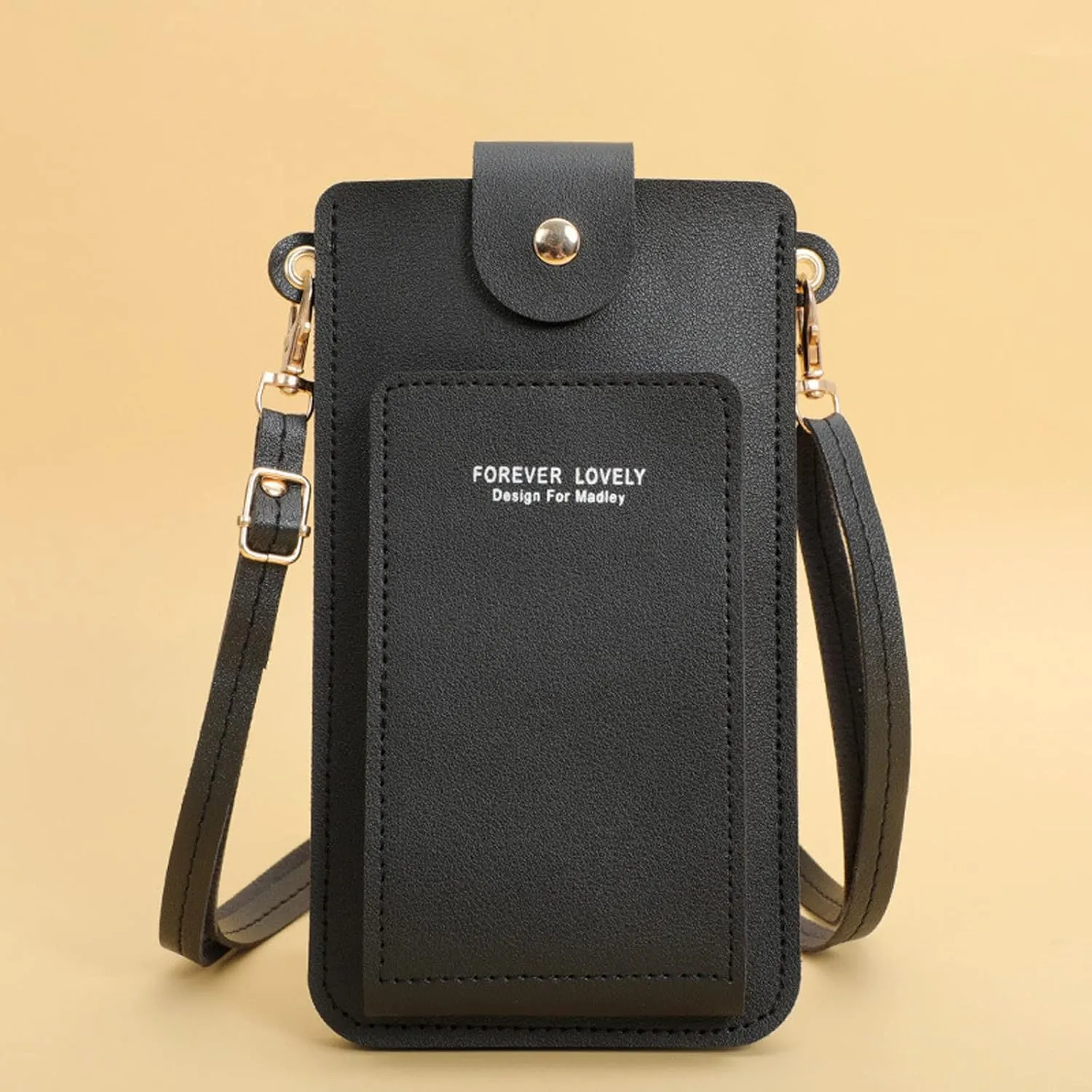 Women Artificial Leather Solid Color Hasp Transparent Operation Ccreen Phone Bag Shoulder Bag (Black, One Size)