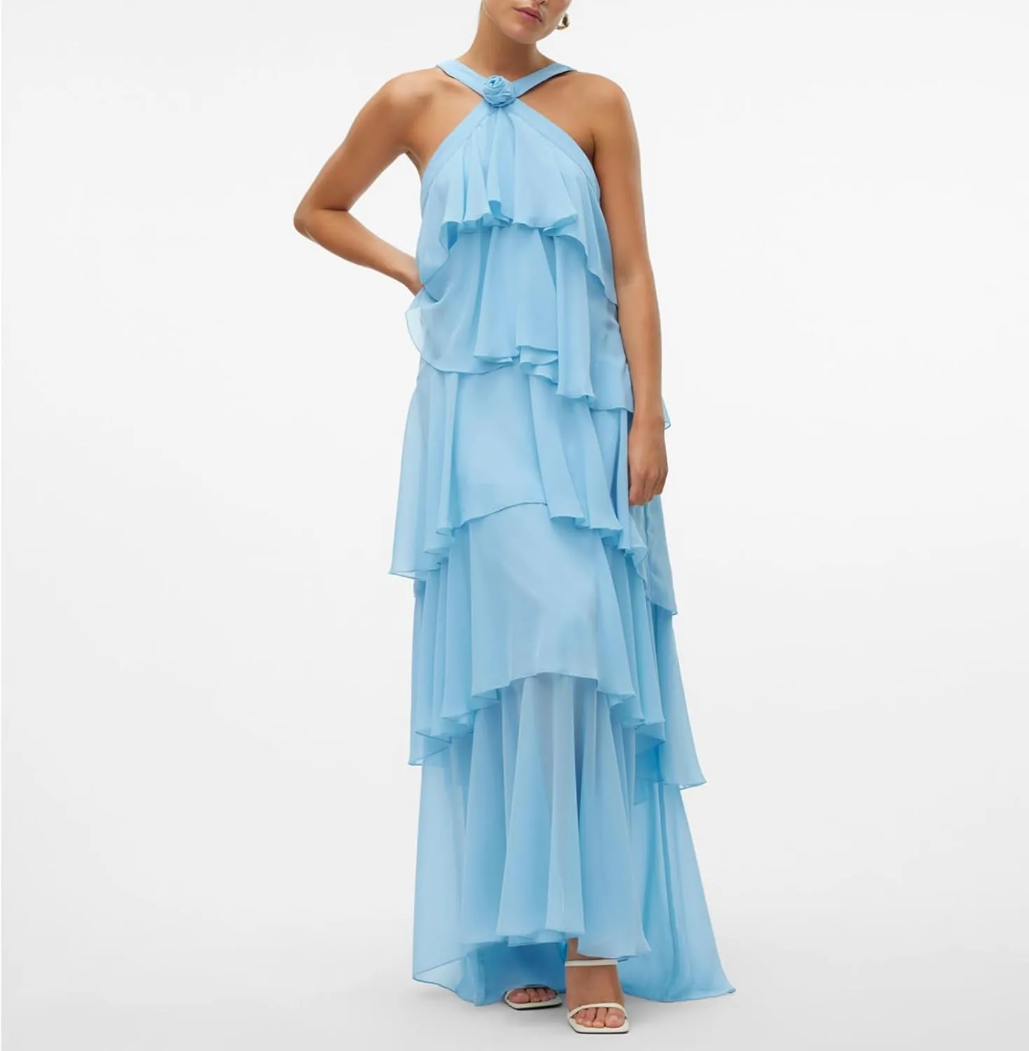 Women Backless Summer Dresses Ruffle Tiered Layed Chiffon Dresses Flowy Swing Floral Maxi Dress Beach Sundress