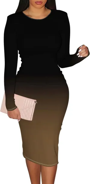 Women Bodycon Long Sleeve Dress Casual Crewneck Slim Fit Elegant Empire Waist Basic Midi Tank Short Party Club Dress