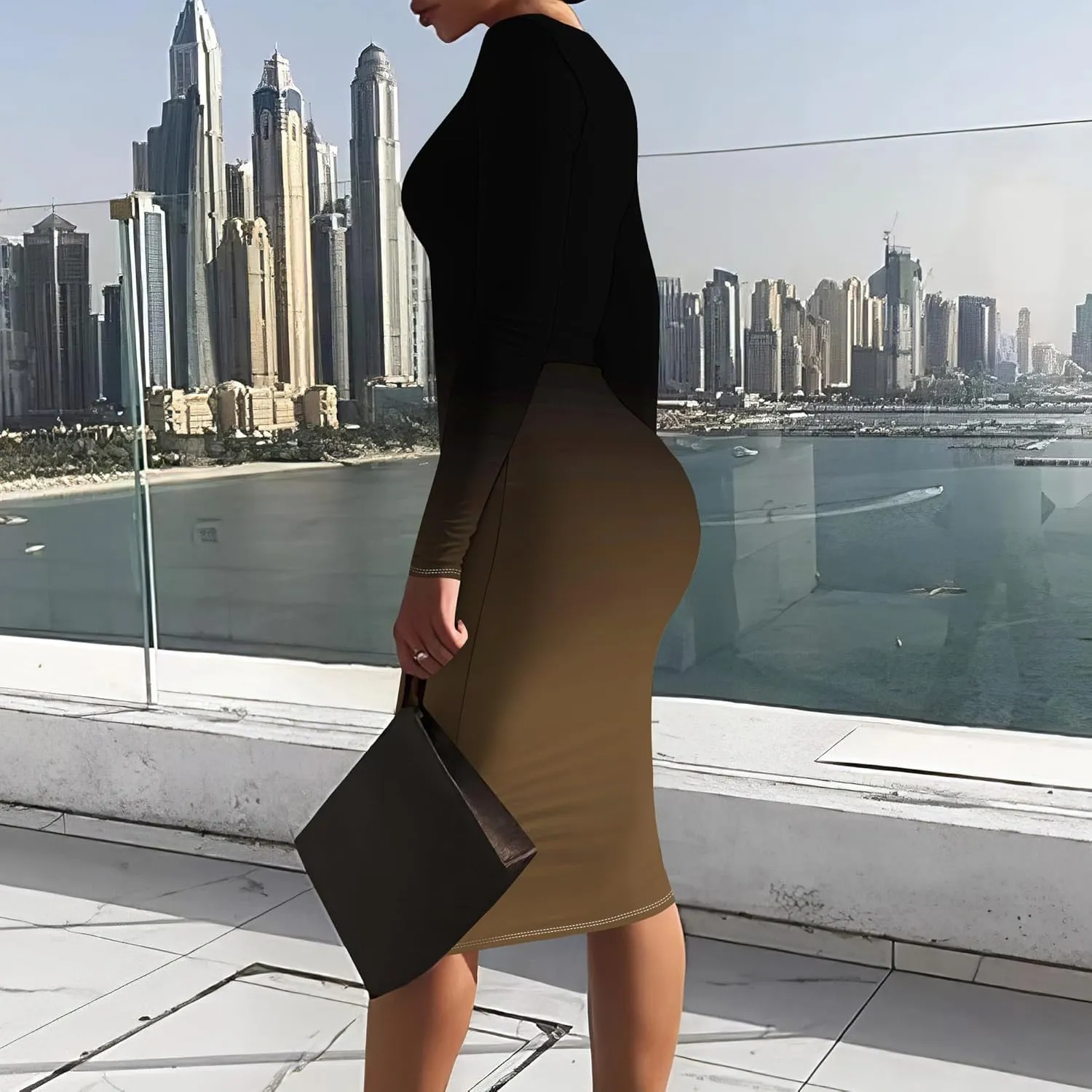 Women Bodycon Long Sleeve Dress Casual Crewneck Slim Fit Elegant Empire Waist Basic Midi Tank Short Party Club Dress