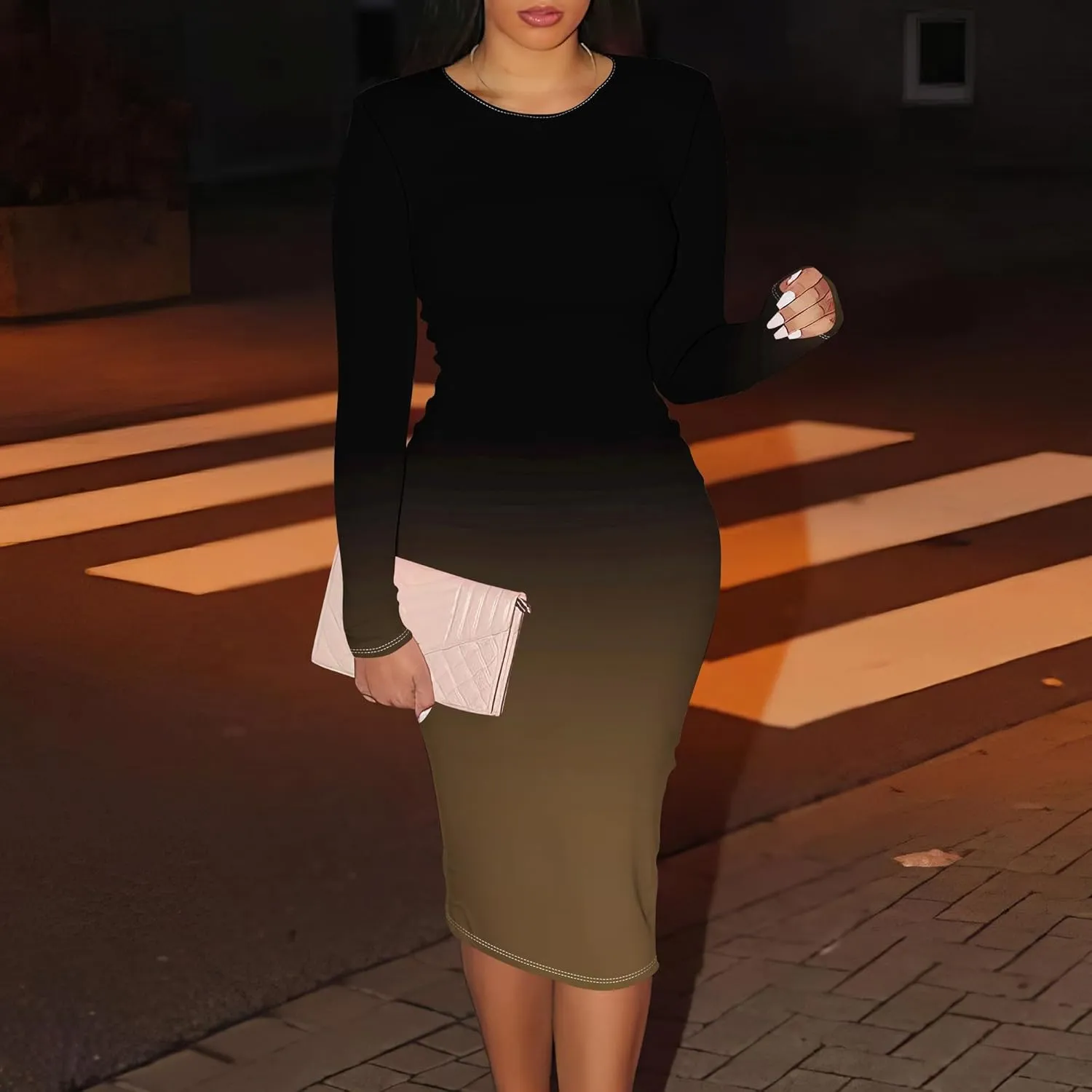 Women Bodycon Long Sleeve Dress Casual Crewneck Slim Fit Elegant Empire Waist Basic Midi Tank Short Party Club Dress